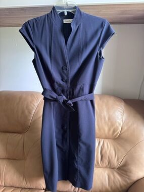 Calvin Klein Navy Cap-Sleeve Belted Midi Dress